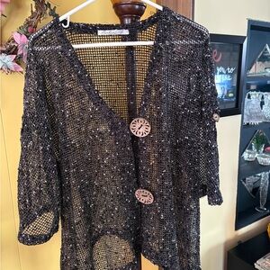 Black Mesh Cardigan with Large Buttons